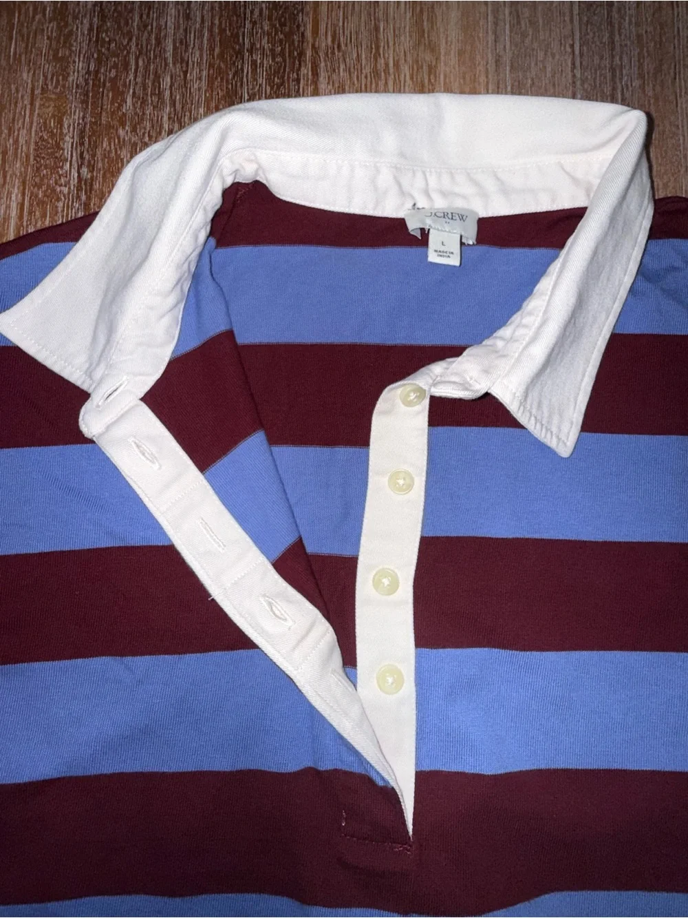J. Crew Women’s Light Blue and Burgundy Striped Rugby Polo with White Collar